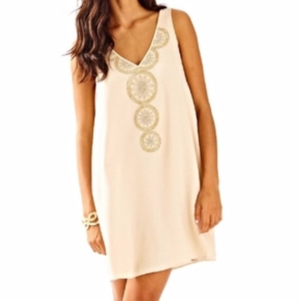 Lilly Pulitzer V neckline Fia Dress in Sand Dune w/ beading pattern Size Medium
